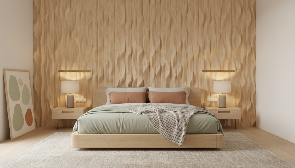 Papier Peint Texture Bois Naturel Ondulé Beige Crème - Chambre adulte