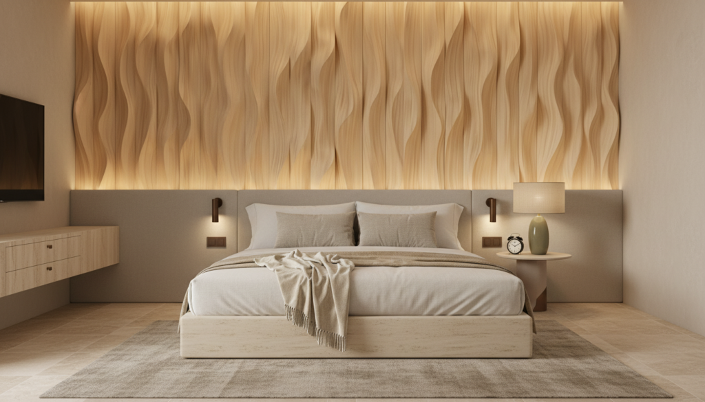 Papier Peint Texture Bois Naturel Ondulé Beige Crème - Hôtel