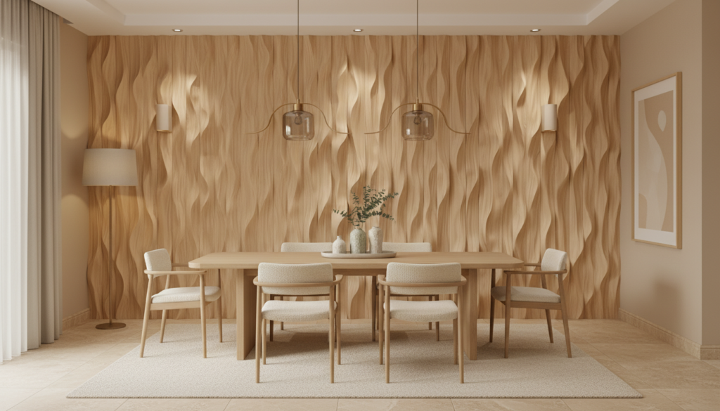 Papier Peint Texture Bois Naturel Ondulé Beige Crème - Salle à manger