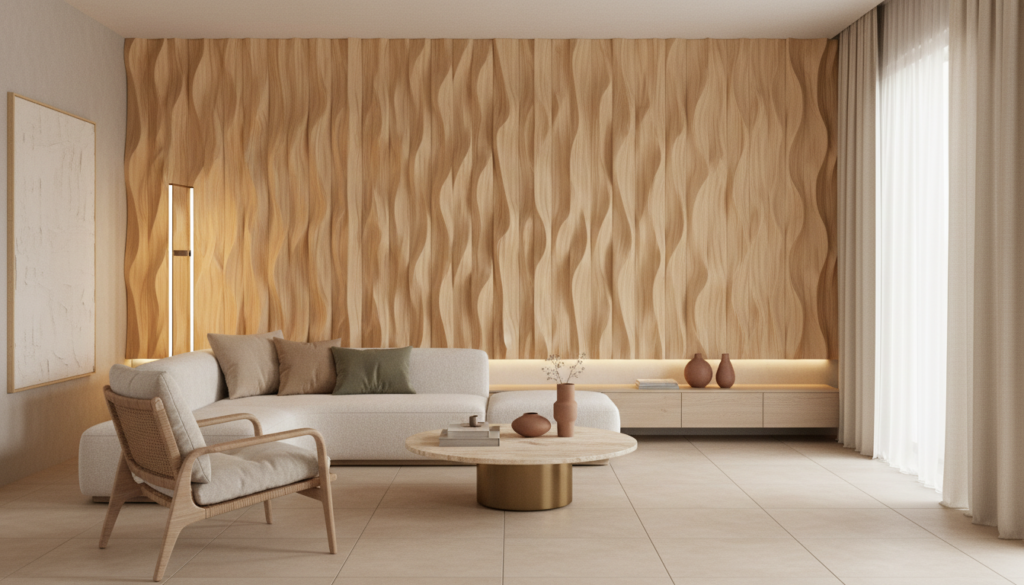 Papier Peint Texture Bois Naturel Ondulé Beige Crème - Salon / Séjour