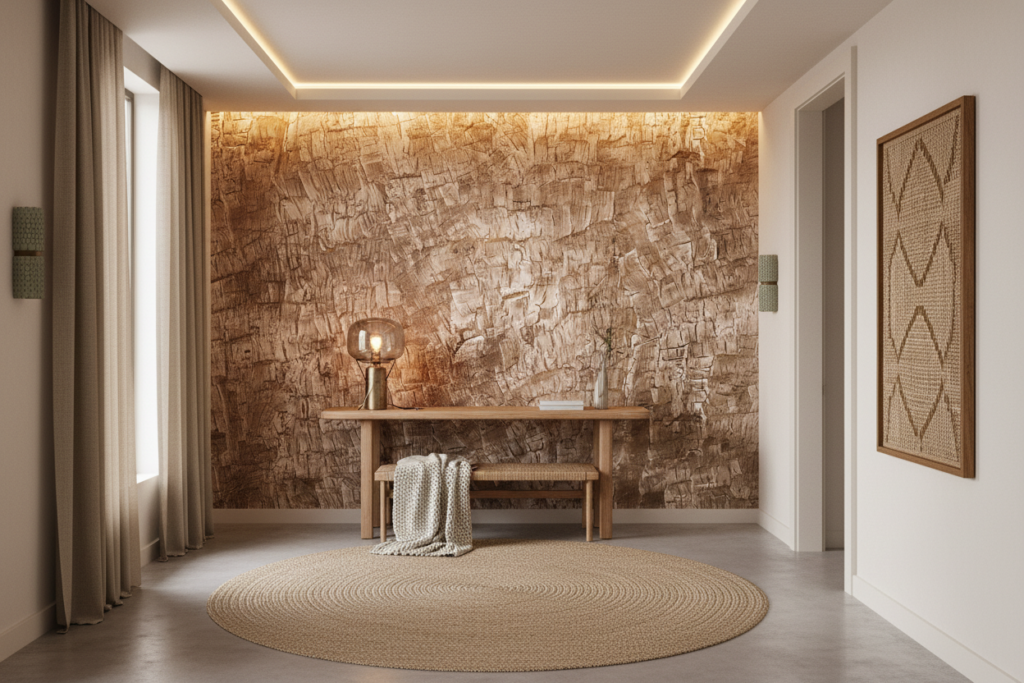 Papier Peint Texture Écorce Naturelle Beige Rustique - Entrée