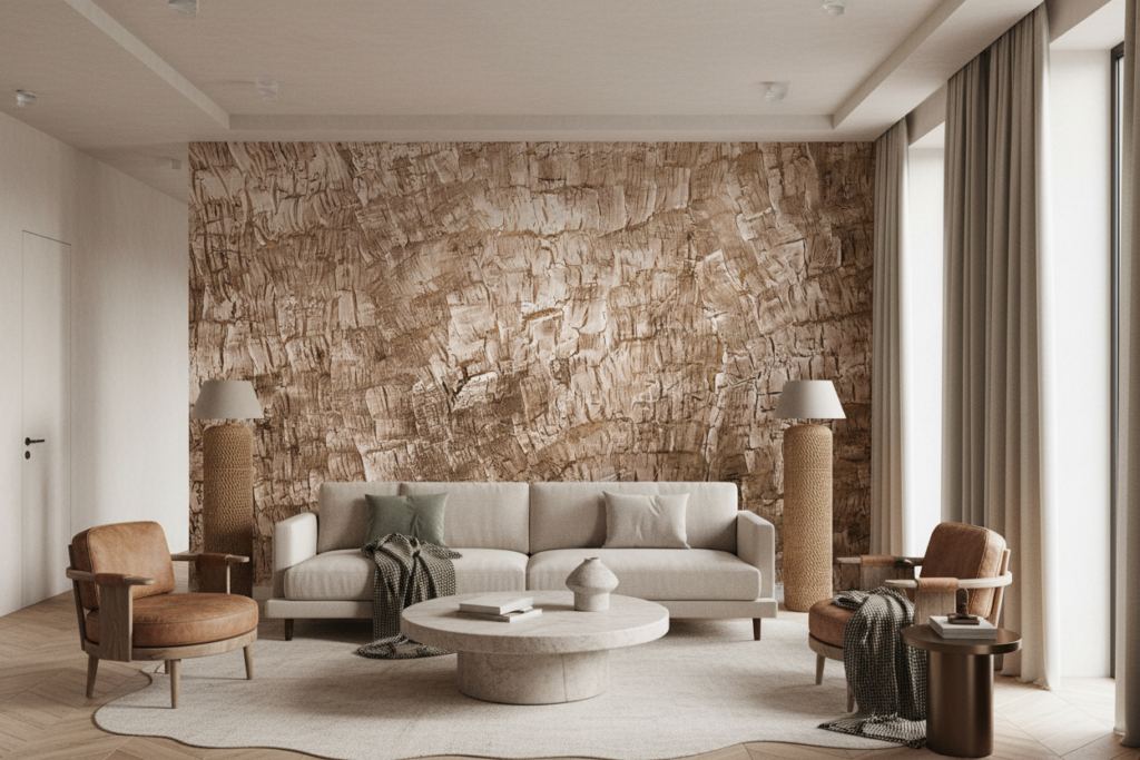 Papier Peint Texture Écorce Naturelle Beige Rustique - Salon / Séjour