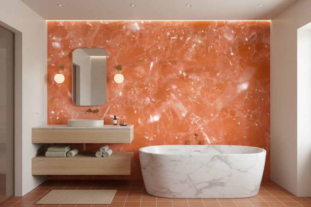 Papier peint texture cristalline corail effet minéral brillant lumineux - Salle de bain