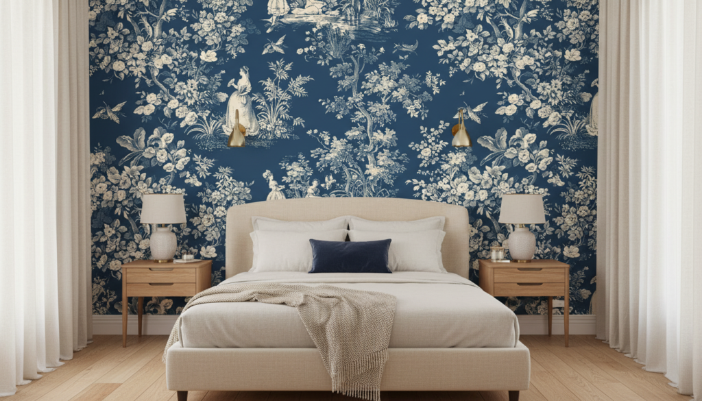 Papier Peint Toile de Jouy Bleu Scènes Pastorales et Florales - Chambre adulte