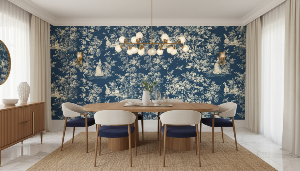 Papier Peint Toile de Jouy Bleu Scènes Pastorales et Florales - Salle à manger