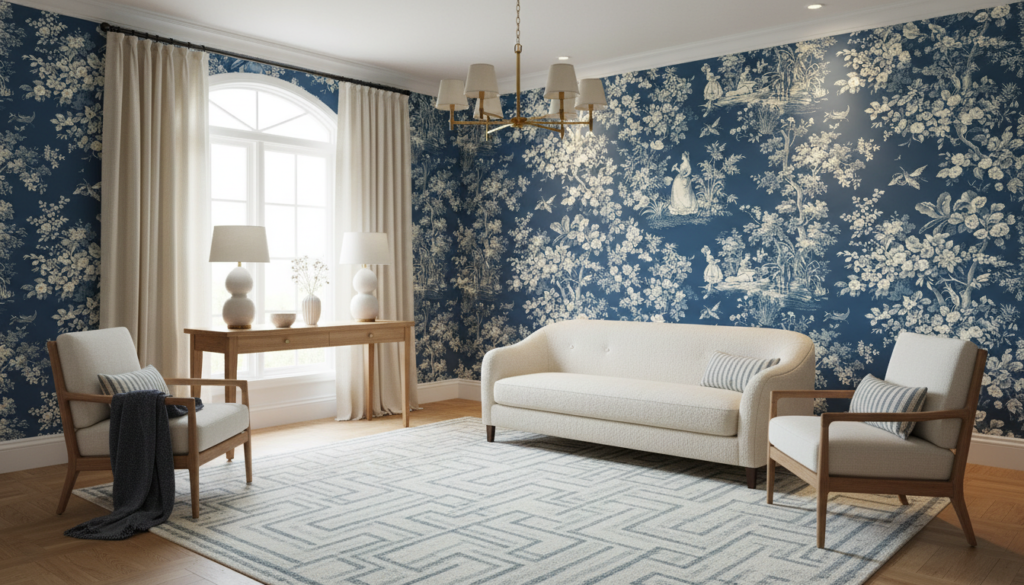 Papier Peint Toile de Jouy Bleu Scènes Pastorales et Florales - Salon / Séjour