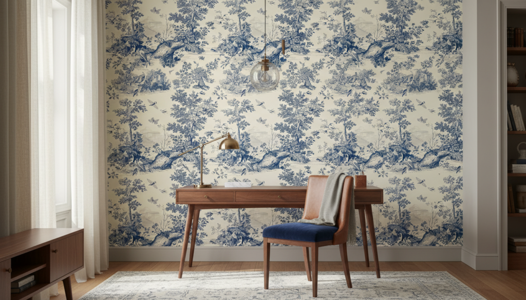 Papier peint toile de Jouy vintage oiseaux et végétation bleu - Bureau