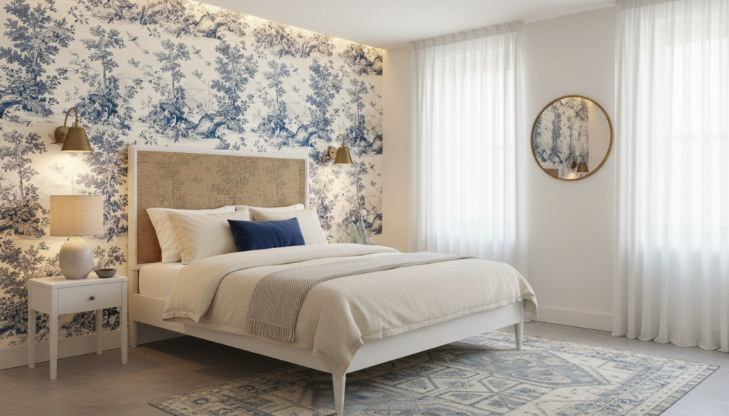 Papier peint toile de Jouy vintage oiseaux et végétation bleu - Chambre adulte