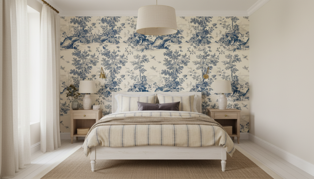 Papier peint toile de Jouy vintage oiseaux et végétation bleu - Chambre adulte