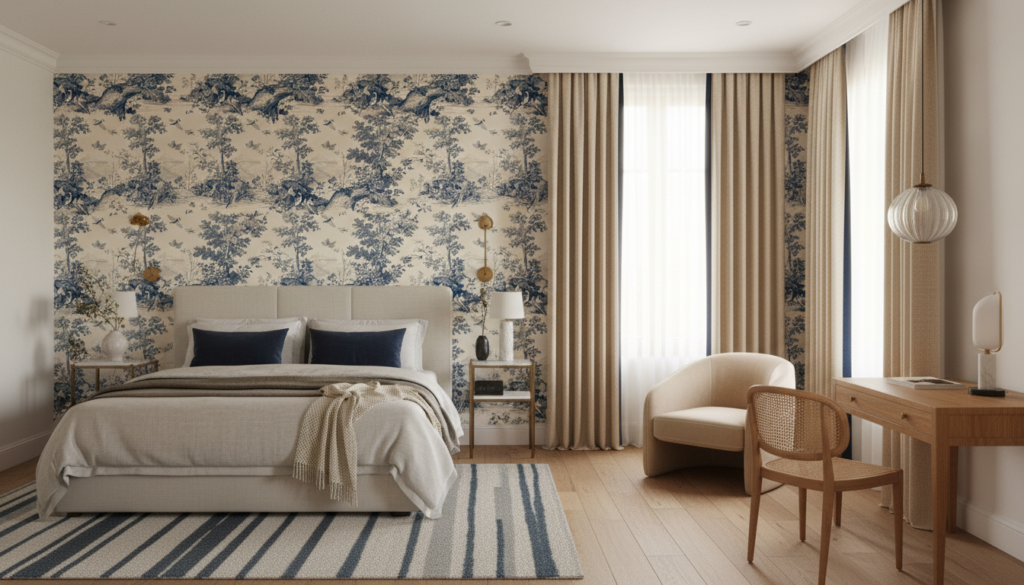 Papier peint toile de Jouy vintage oiseaux et végétation bleu - Hôtel