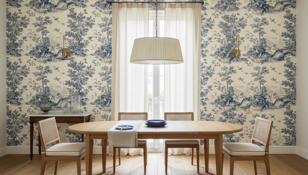 Papier peint toile de Jouy vintage oiseaux et végétation bleu - Salle à manger