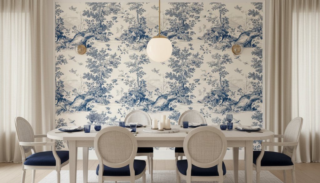 Papier peint toile de Jouy vintage oiseaux et végétation bleu - Salle à manger