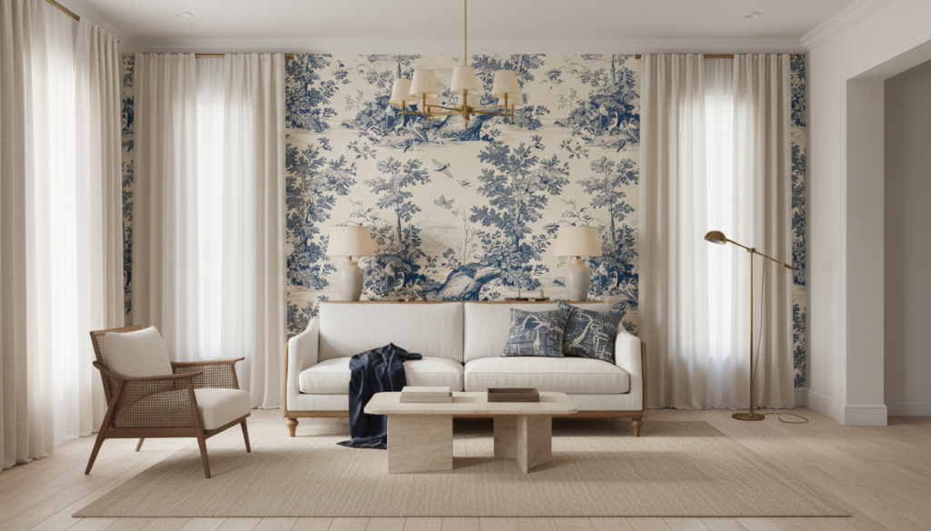 Papier peint toile de Jouy vintage oiseaux et végétation bleu - Salon / Séjour