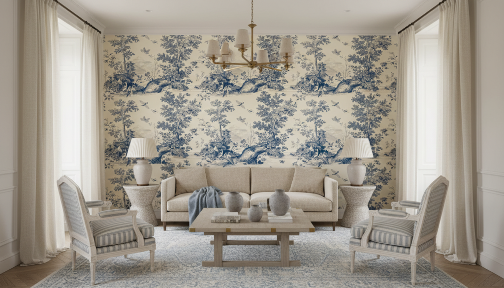 Papier peint toile de Jouy vintage oiseaux et végétation bleu - Salon / Séjour