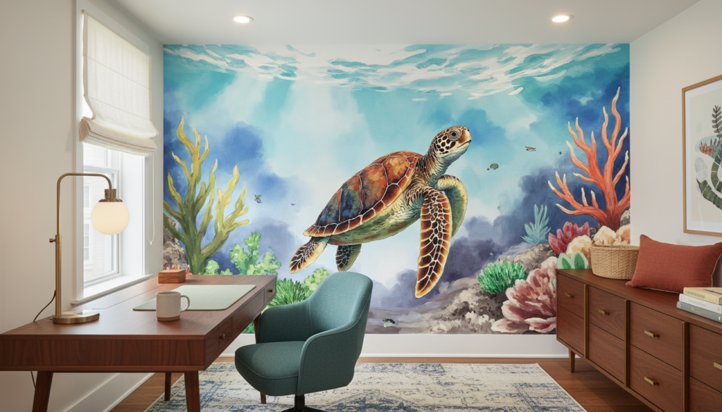 Papier peint tortue marine et coraux dans océan tropical - Bureau