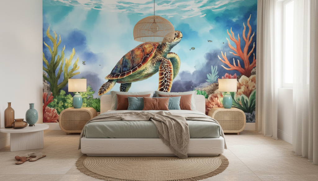 Papier peint tortue marine et coraux dans océan tropical - Chambre adulte