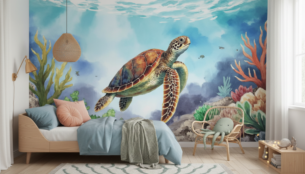 Papier peint tortue marine et coraux dans océan tropical - Chambre enfant