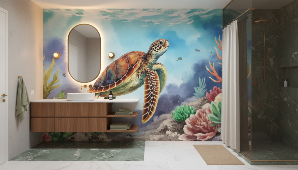 Papier peint tortue marine et coraux dans océan tropical - Salle de bain
