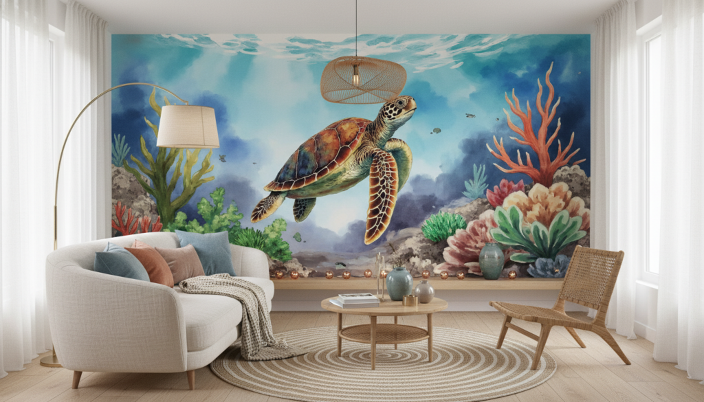 Papier peint tortue marine et coraux dans océan tropical - Salon / Séjour