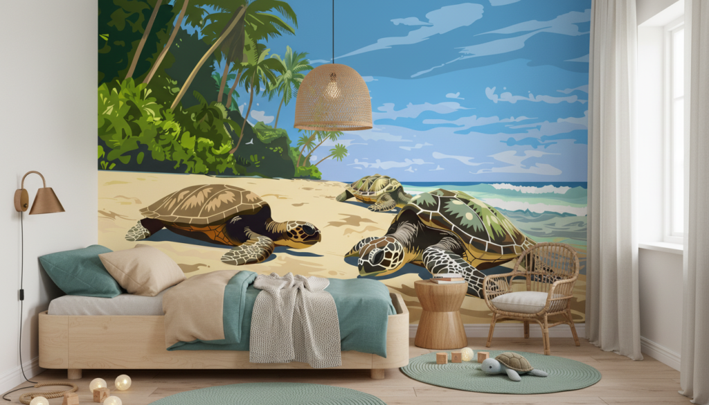 Papier peint tortues marines sur plage tropicale paradisiaque - Chambre enfant
