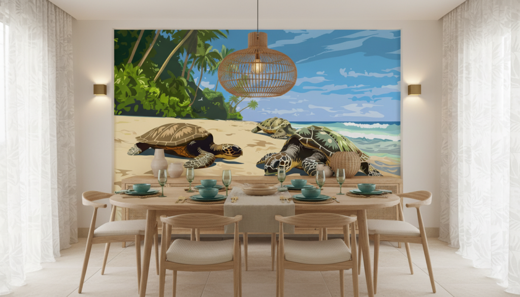 Papier peint tortues marines sur plage tropicale paradisiaque - Salle à manger
