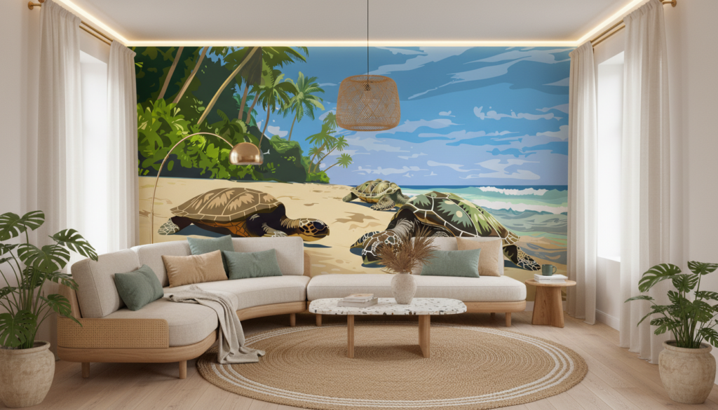 Papier peint tortues marines sur plage tropicale paradisiaque - Salon / Séjour