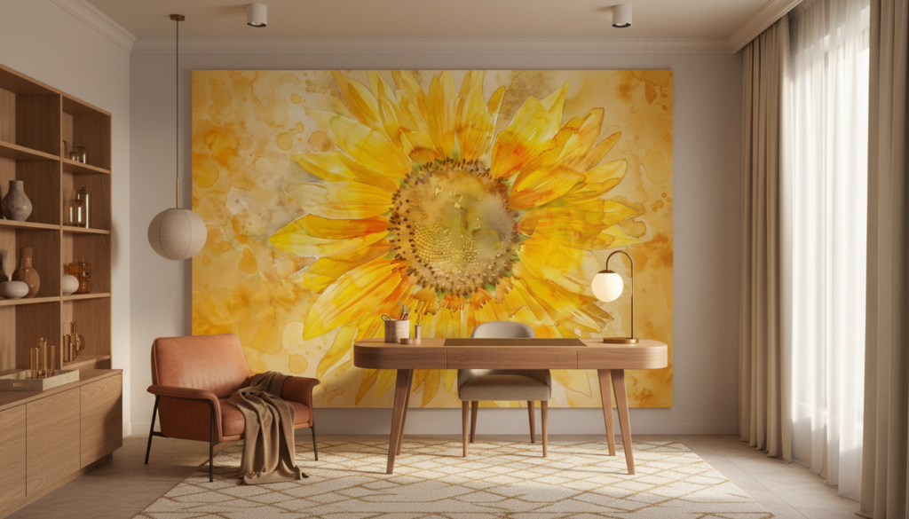 Papier peint Tournesol Aquarelle Jaune Doré Style Artistique Nature - Bureau