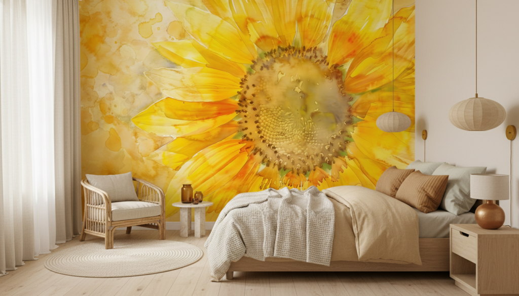 Papier peint Tournesol Aquarelle Jaune Doré Style Artistique Nature - Chambre adulte