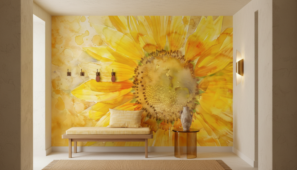 Papier peint Tournesol Aquarelle Jaune Doré Style Artistique Nature - Entrée