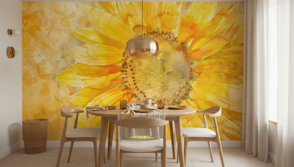Papier peint Tournesol Aquarelle Jaune Doré Style Artistique Nature - Salle à manger