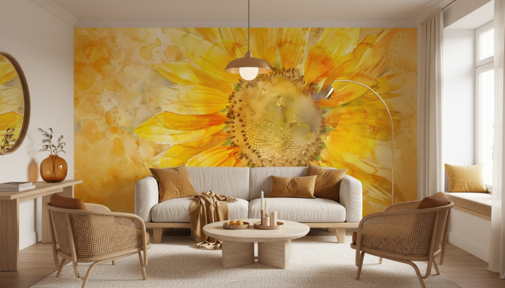 Papier peint Tournesol Aquarelle Jaune Doré Style Artistique Nature - Salon / Séjour
