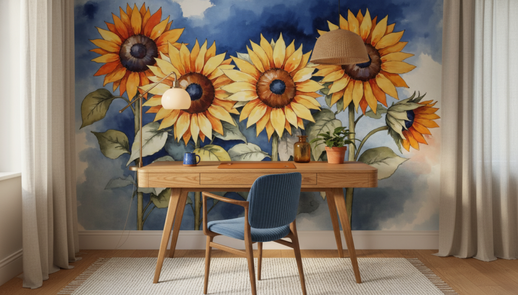 Papier Peint Tournesols Aquarelle Ciel Bleu Nuageux Style Champêtre - Bureau