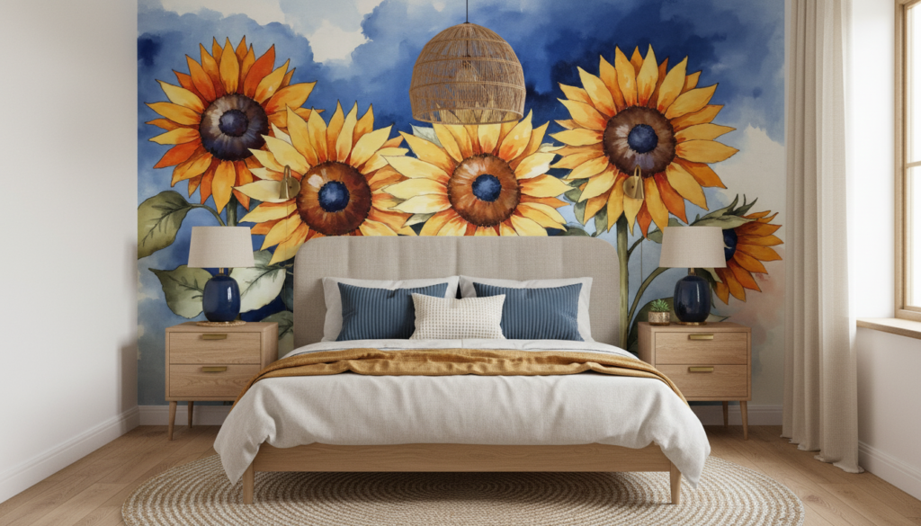 Papier Peint Tournesols Aquarelle Ciel Bleu Nuageux Style Champêtre - Chambre adulte
