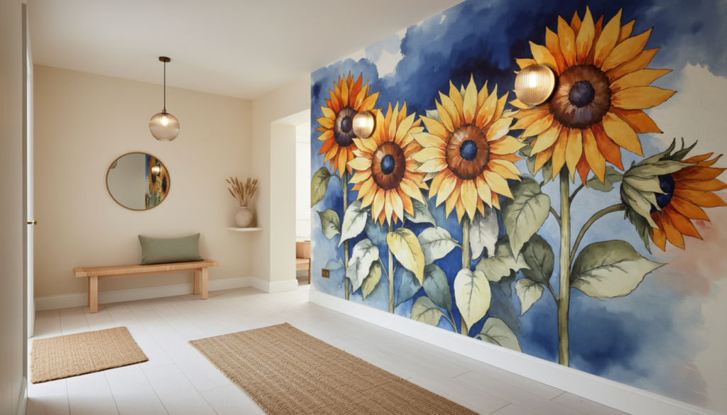 Papier Peint Tournesols Aquarelle Ciel Bleu Nuageux Style Champêtre - Couloir