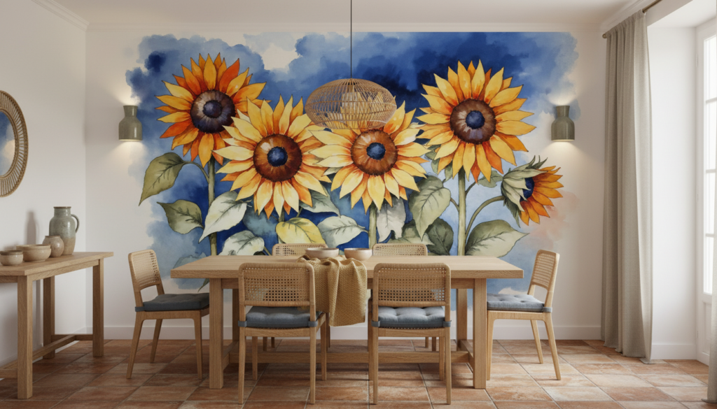 Papier Peint Tournesols Aquarelle Ciel Bleu Nuageux Style Champêtre - Salle à manger