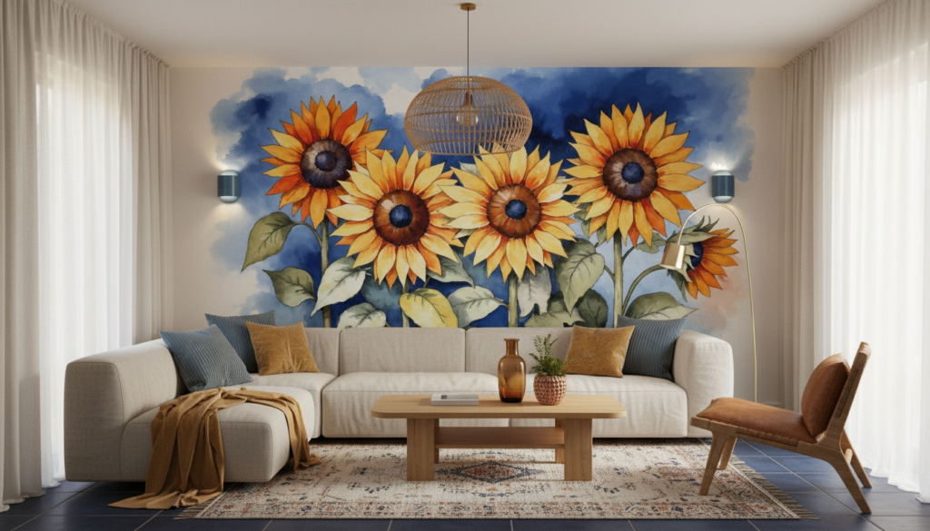 Papier Peint Tournesols Aquarelle Ciel Bleu Nuageux Style Champêtre - Salon / Séjour