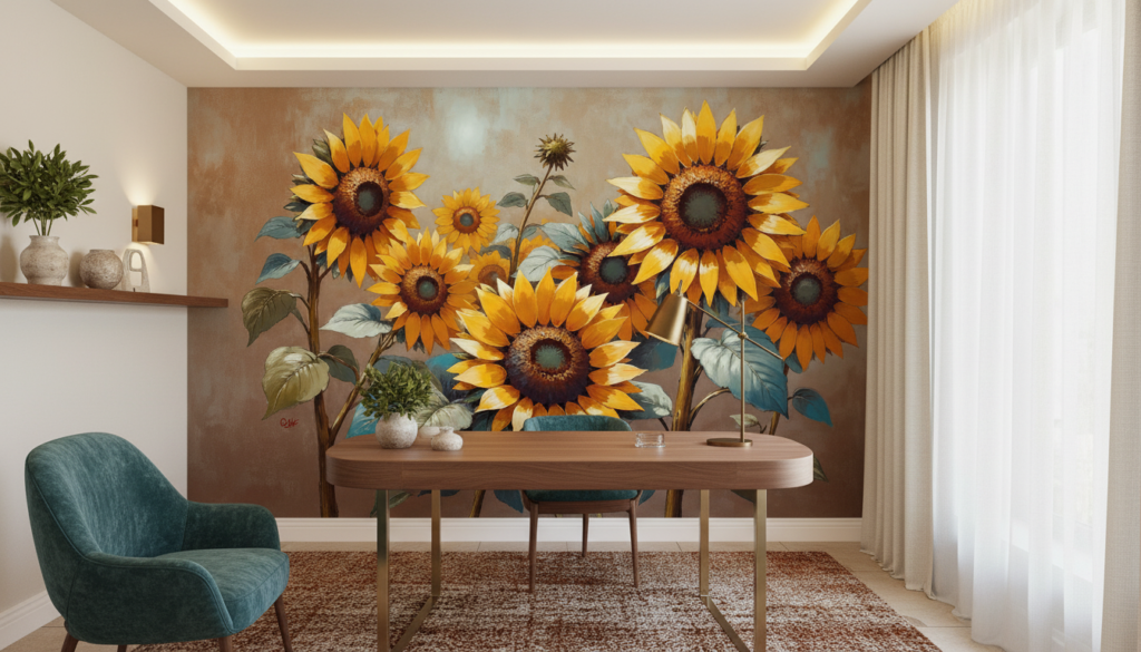 Papier peint tournesols dorés aux tons chauds automnaux - Bureau