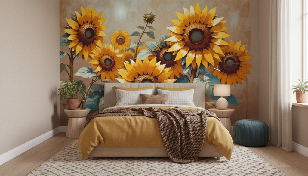 Papier peint tournesols dorés aux tons chauds automnaux - Chambre adulte