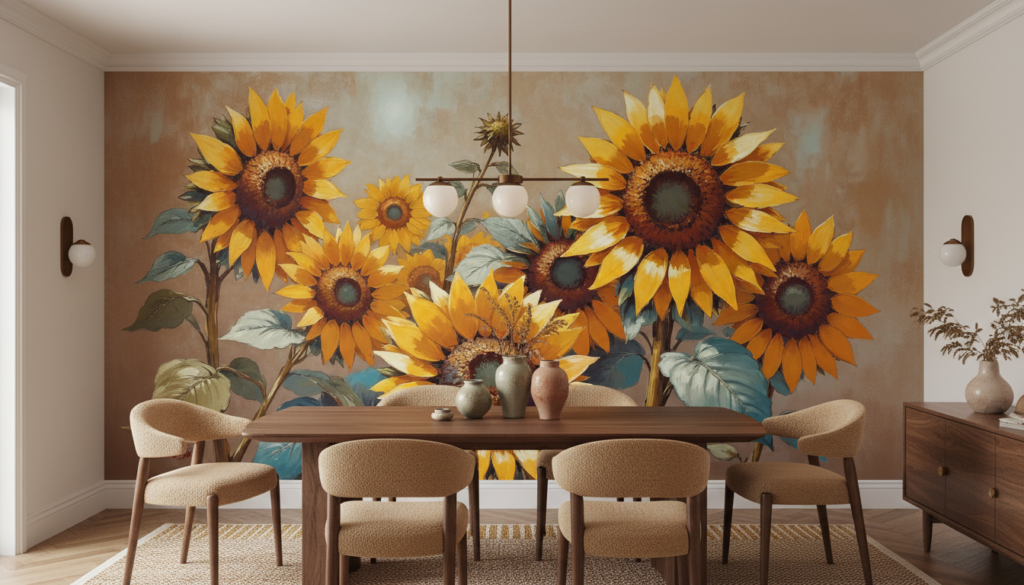 Papier peint tournesols dorés aux tons chauds automnaux - Salle à manger
