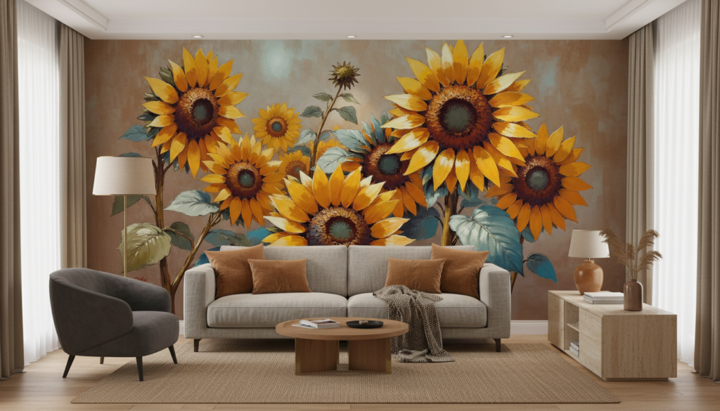 Papier peint tournesols dorés aux tons chauds automnaux - Salon / Séjour