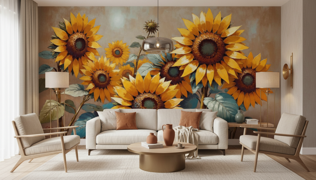 Papier peint tournesols dorés aux tons chauds automnaux - Salon / Séjour