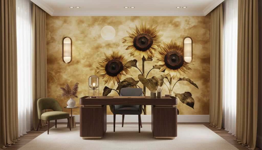 Papier Peint Tournesols Dorés Style Vintage Ambiance Chaleureuse - Bureau