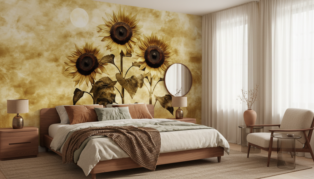 Papier Peint Tournesols Dorés Style Vintage Ambiance Chaleureuse - Chambre adulte