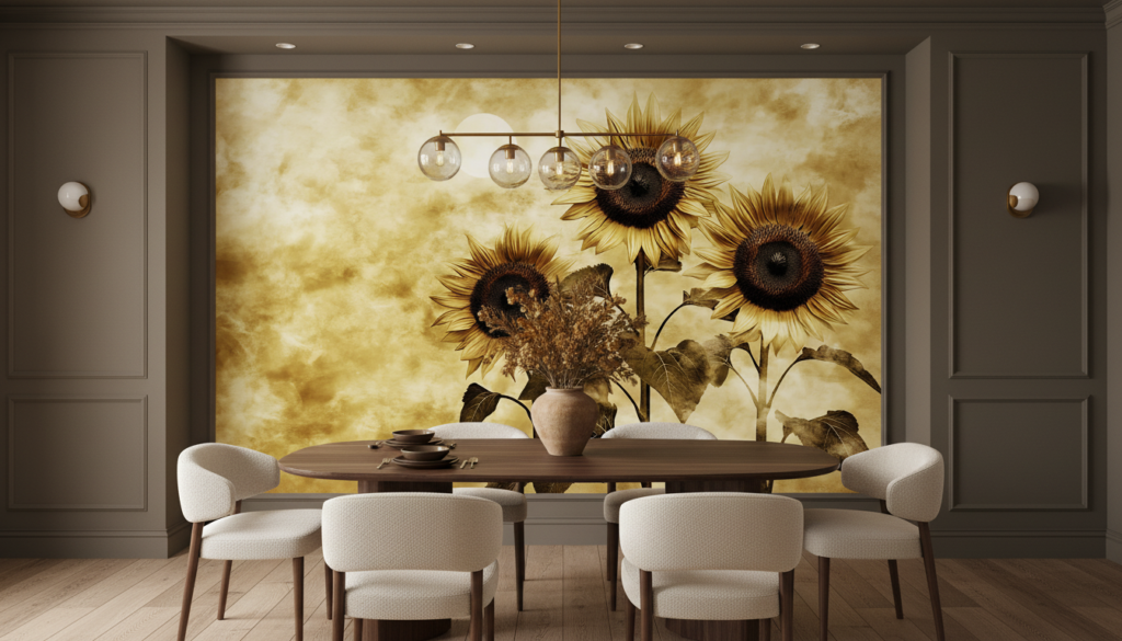 Papier Peint Tournesols Dorés Style Vintage Ambiance Chaleureuse - Salle à manger