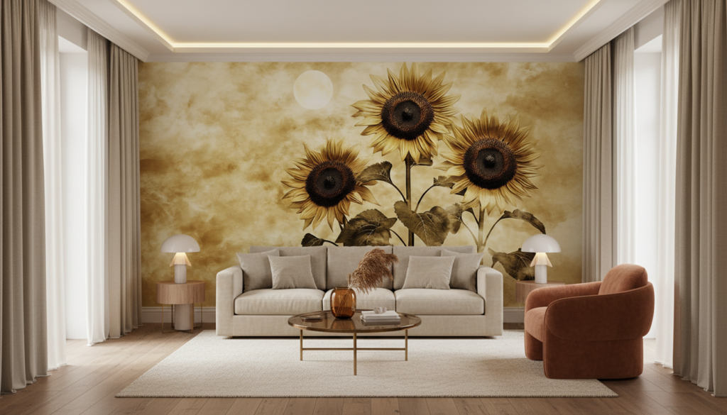Papier Peint Tournesols Dorés Style Vintage Ambiance Chaleureuse - Salon / Séjour