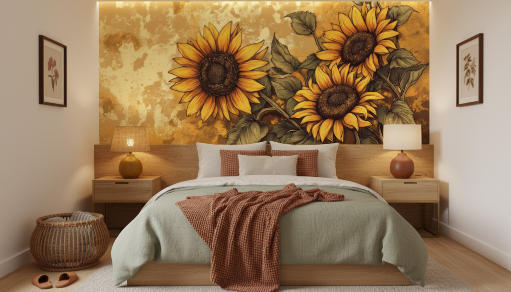Papier peint tournesols dorés style vintage artistique chaleureux automnal - Chambre adulte