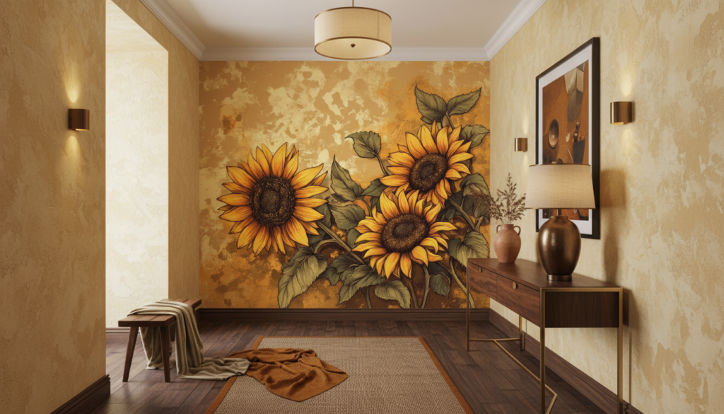 Papier peint tournesols dorés style vintage artistique chaleureux automnal - Couloir