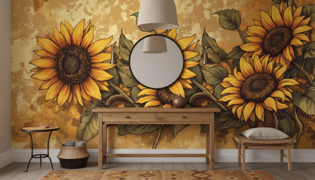 Papier peint tournesols dorés style vintage artistique chaleureux automnal - Entrée