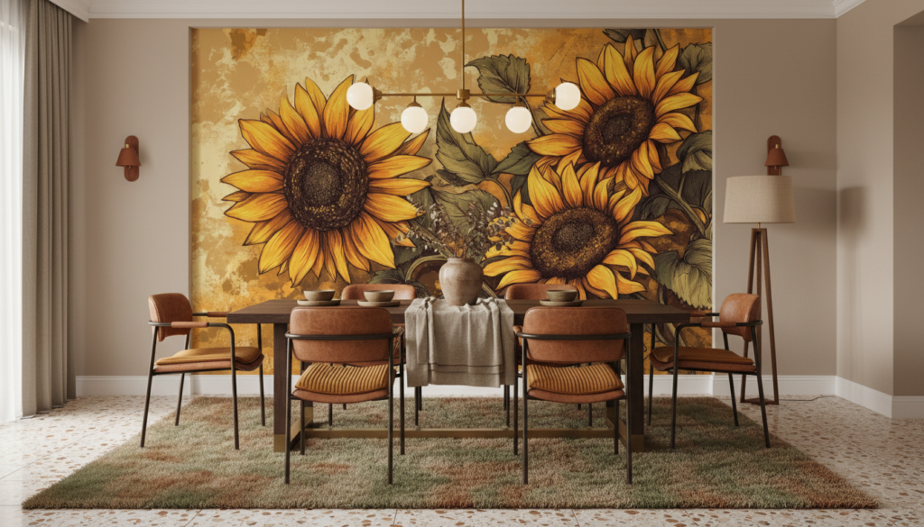 Papier peint tournesols dorés style vintage artistique chaleureux automnal - Salle à manger