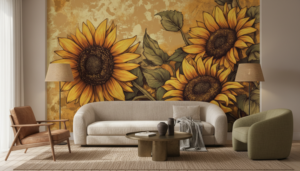 Papier peint tournesols dorés style vintage artistique chaleureux automnal - Salon / Séjour